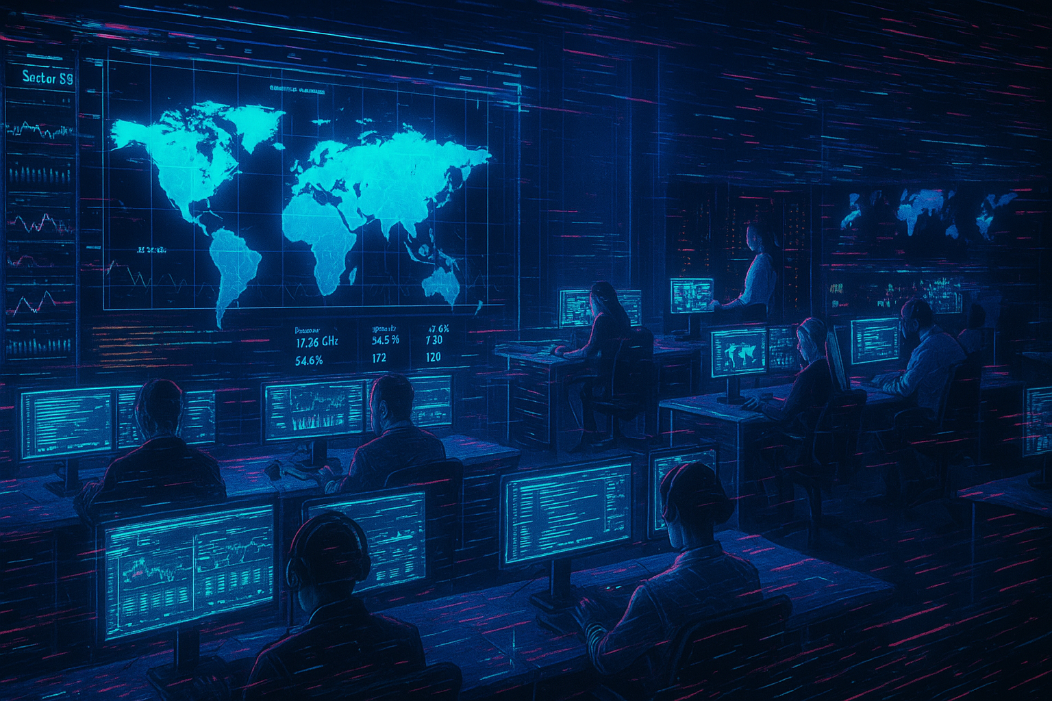 Cyber operations center with analysts at glowing monitors and faint organizational flowcharts overlayed, representing APT35’s structured, shift-based hacking operation.