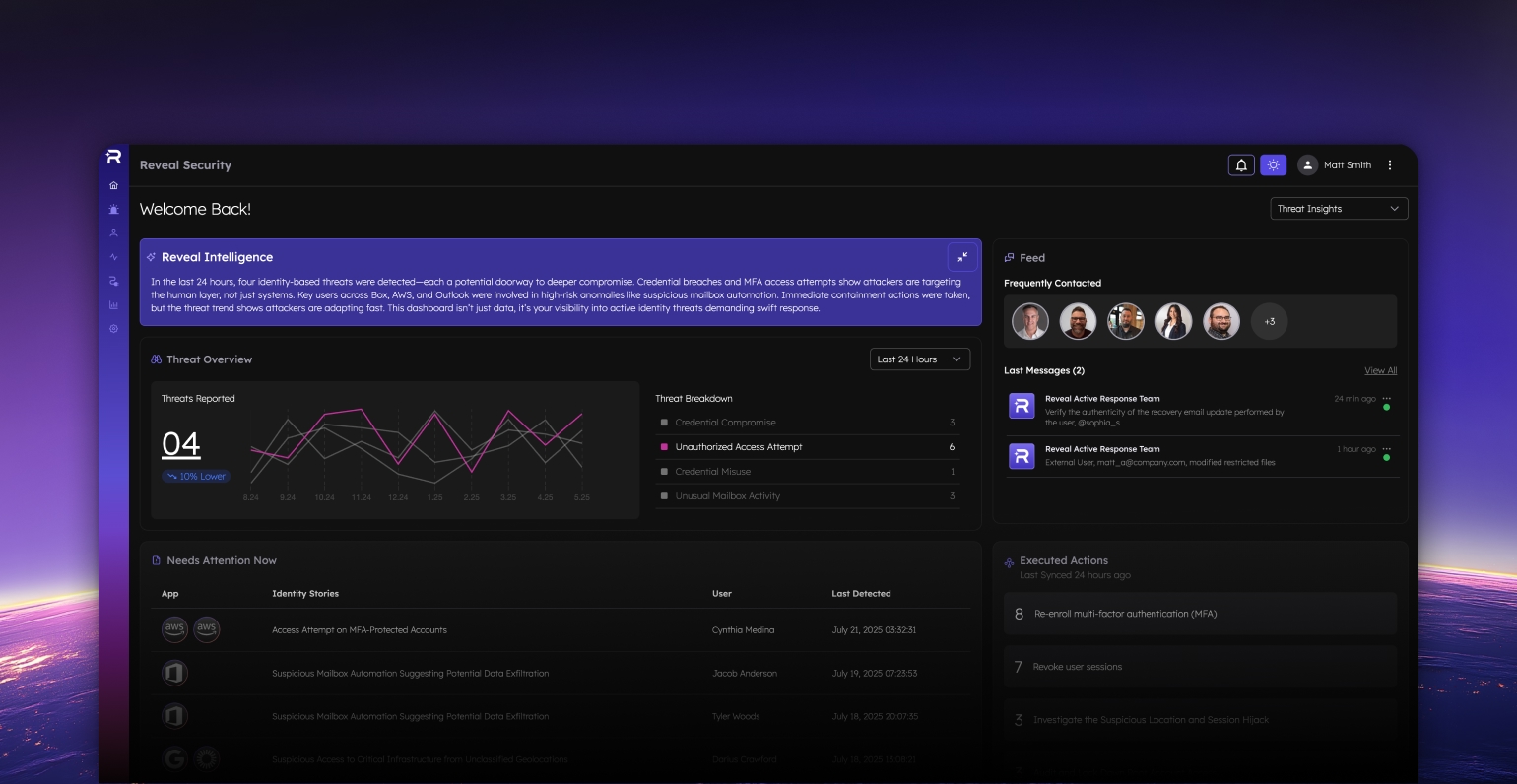 Monitor identity threats in real time with Reveal Security's intelligent dashboard, track, respond, and stay ahead of cyber risks.