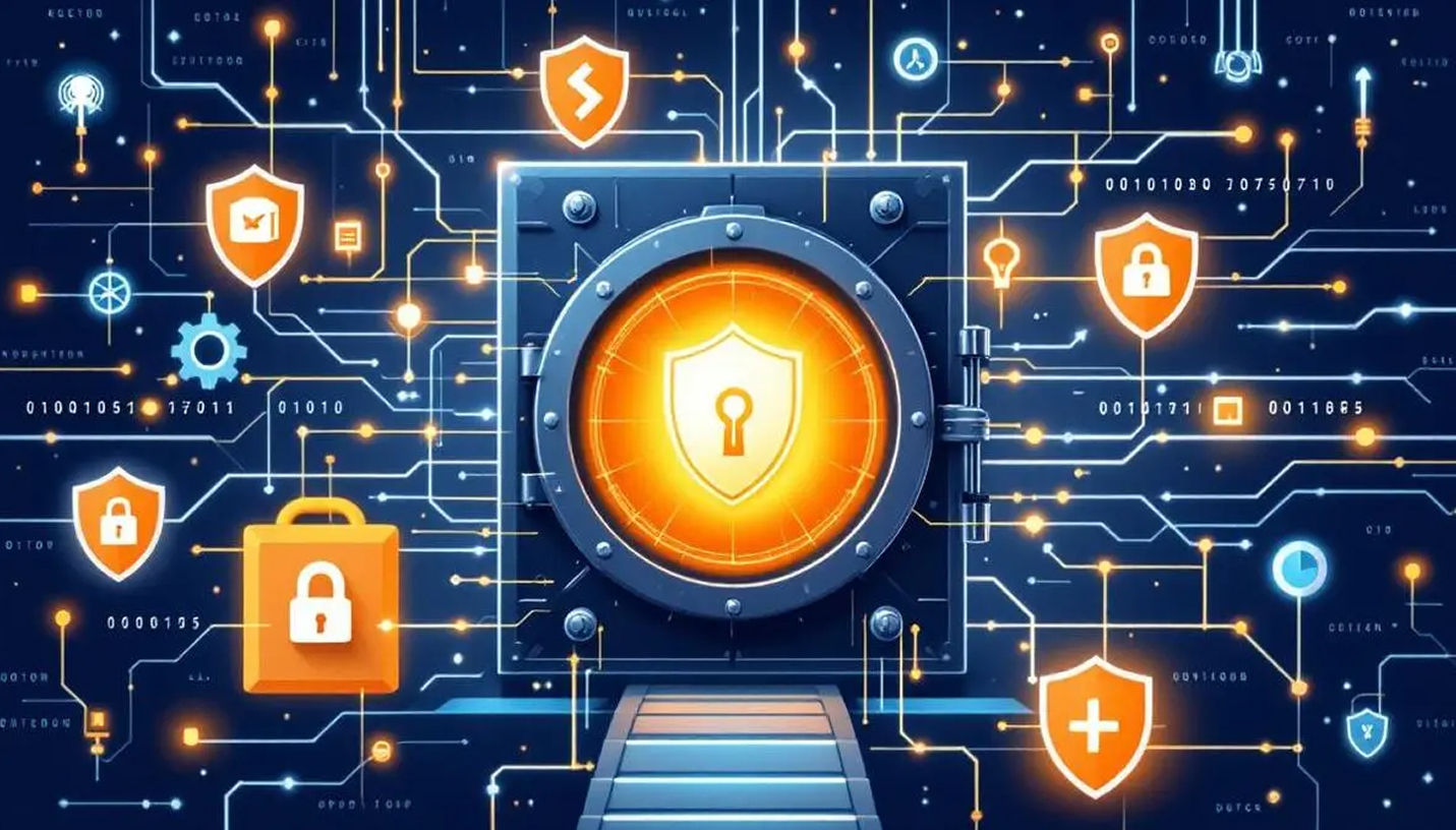 Digital security illustration featuring a glowing central shield with a key surrounded by interconnected orange