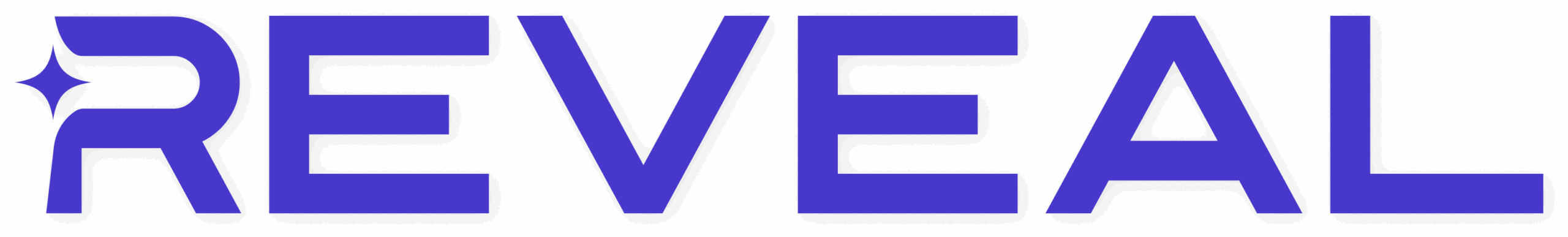 Reveal logo in bold blue letters with a decorative star accent on the left side.