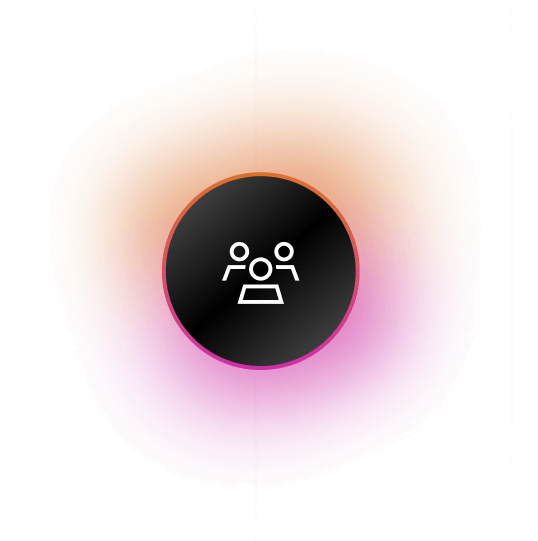 A black circular icon with a glowing gradient border featuring two figures above a table, representing collaboration or