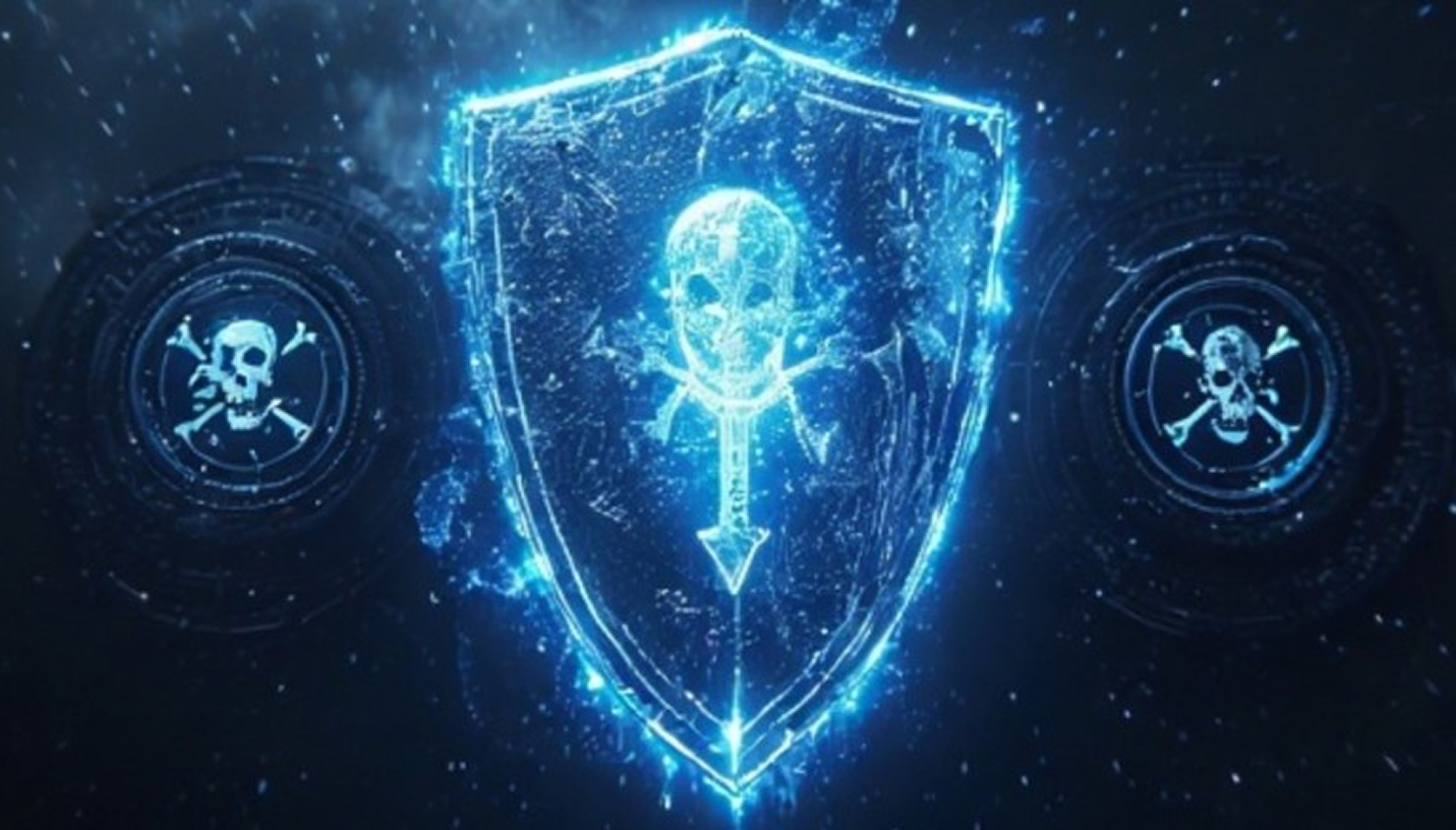 Glowing blue digital shield with skull and crossbones symbol surrounded by circular malware icons against dark background.