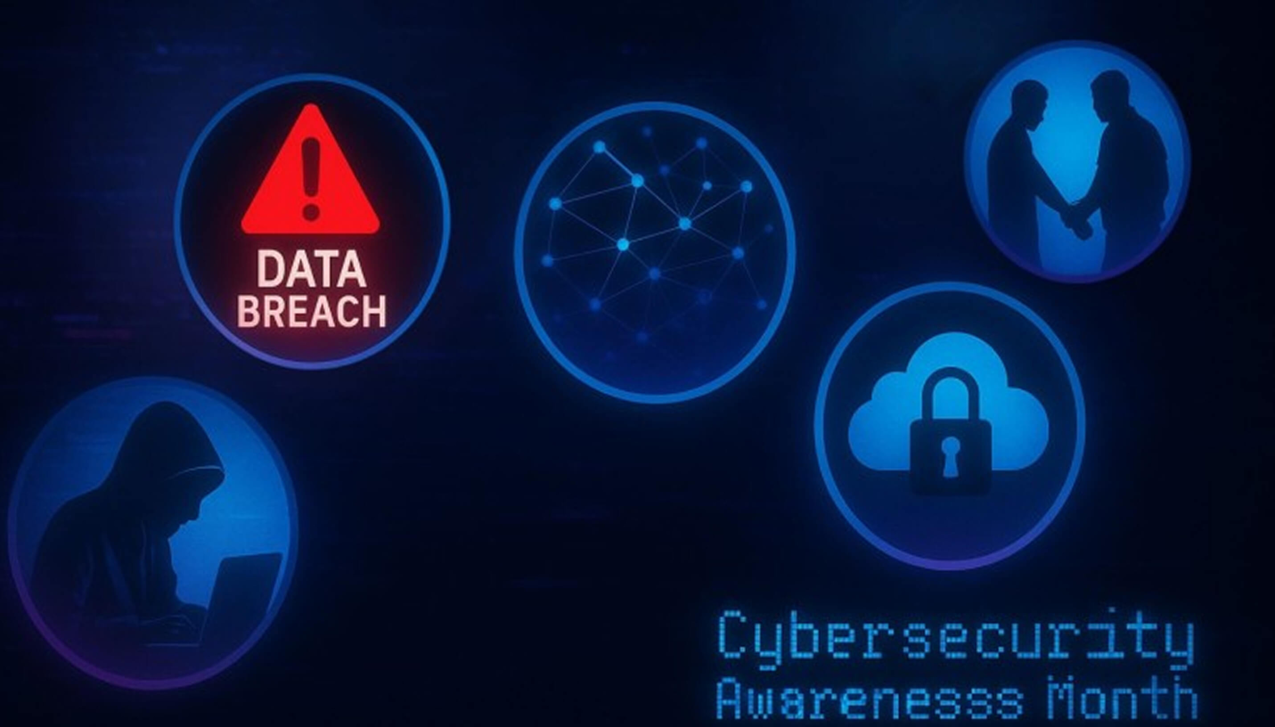 Digital cybersecurity icons displaying data breach warning, network connections, law enforcement collaboration,